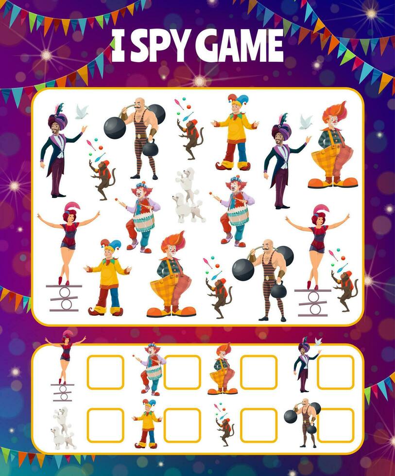 Kids I spy game shapito circus performers, riddle vector