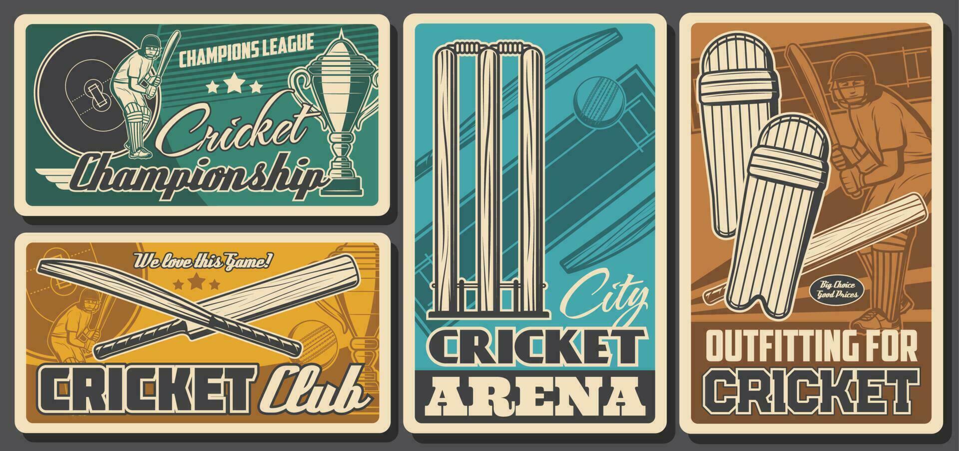 Cricket sport banners, balls, bats, wicket, player vector