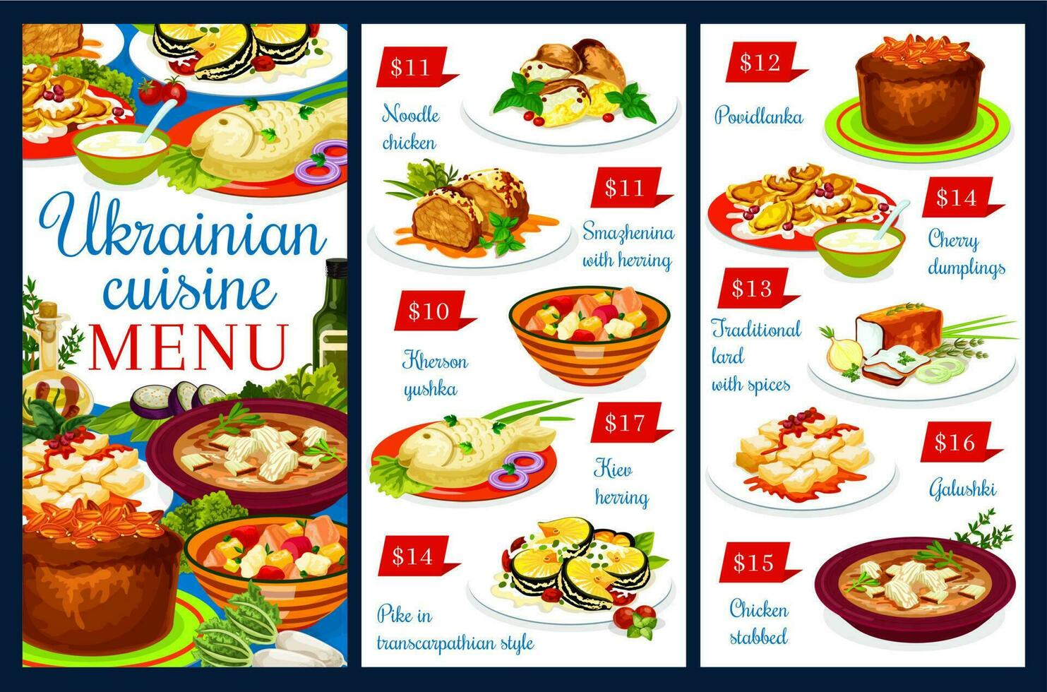 Ukrainian cuisine menu price list, Ukraine food vector