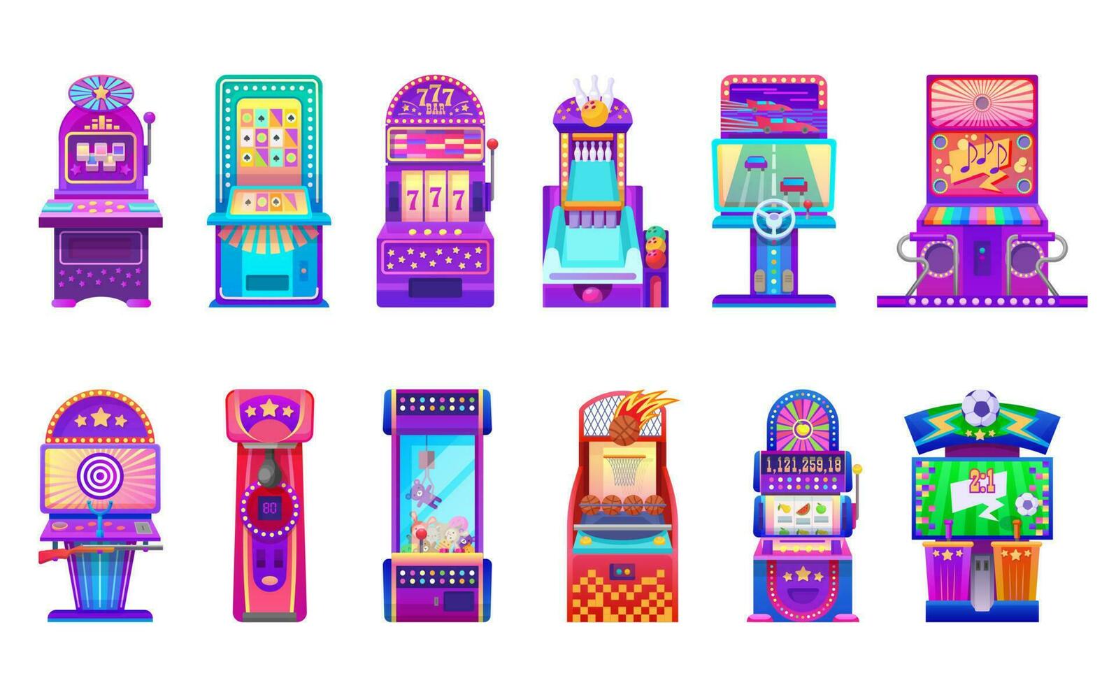 Cartoon casino slot and kids arcade game machines vector