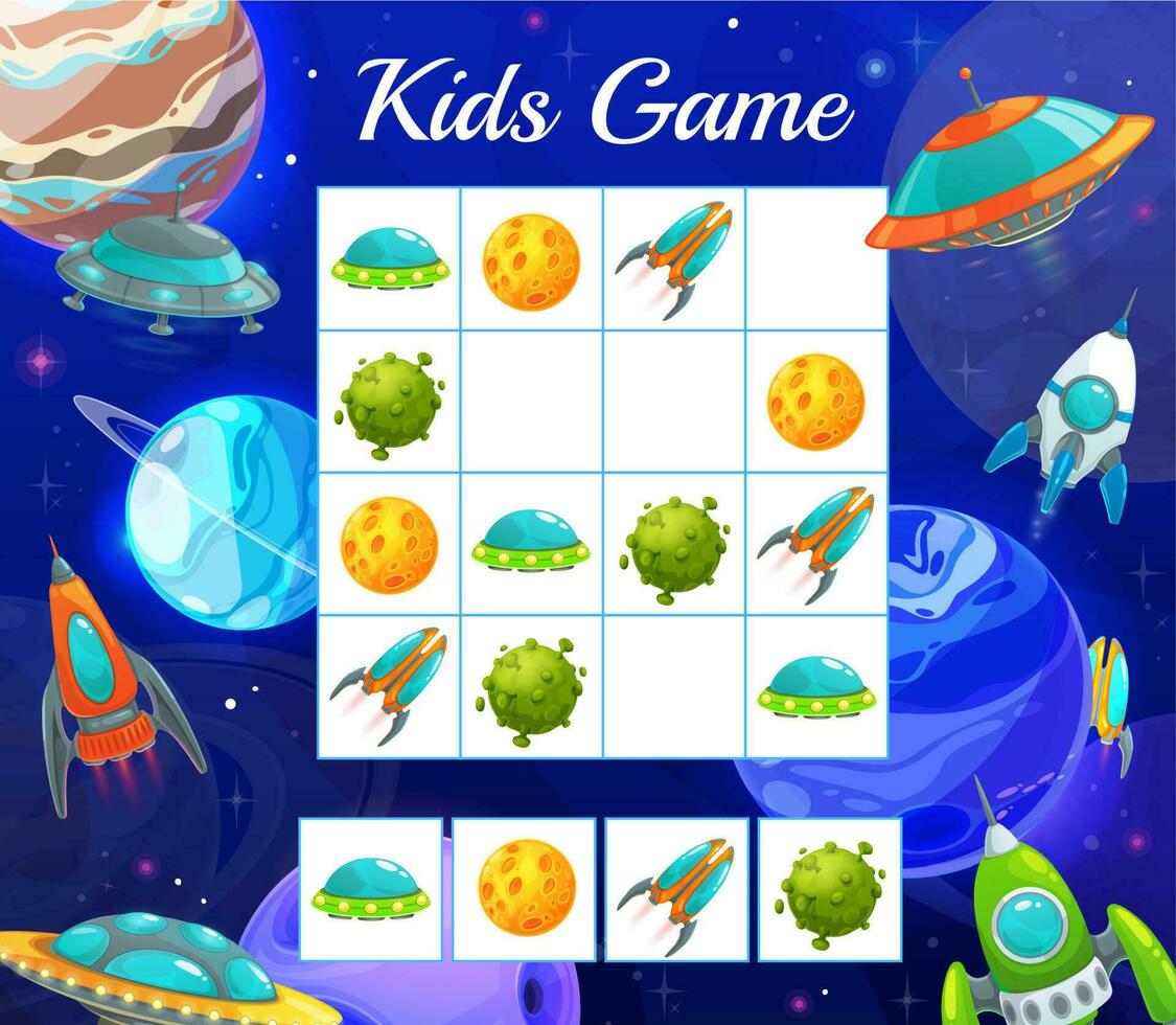 Puzzle game with space shuttles, vector kid riddle