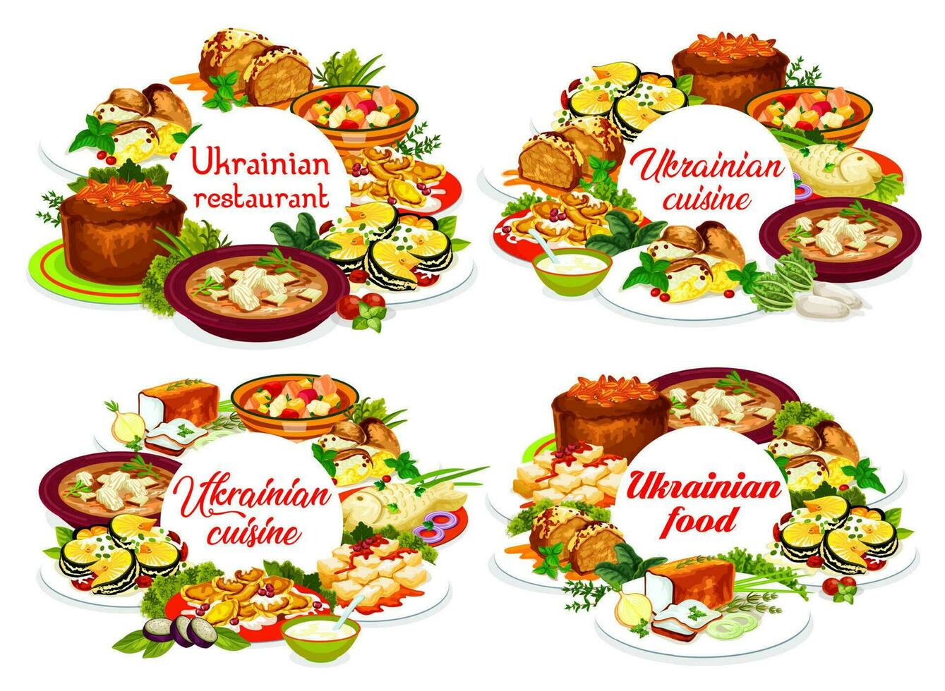 Ukrainian cuisine vector round frames, banners set