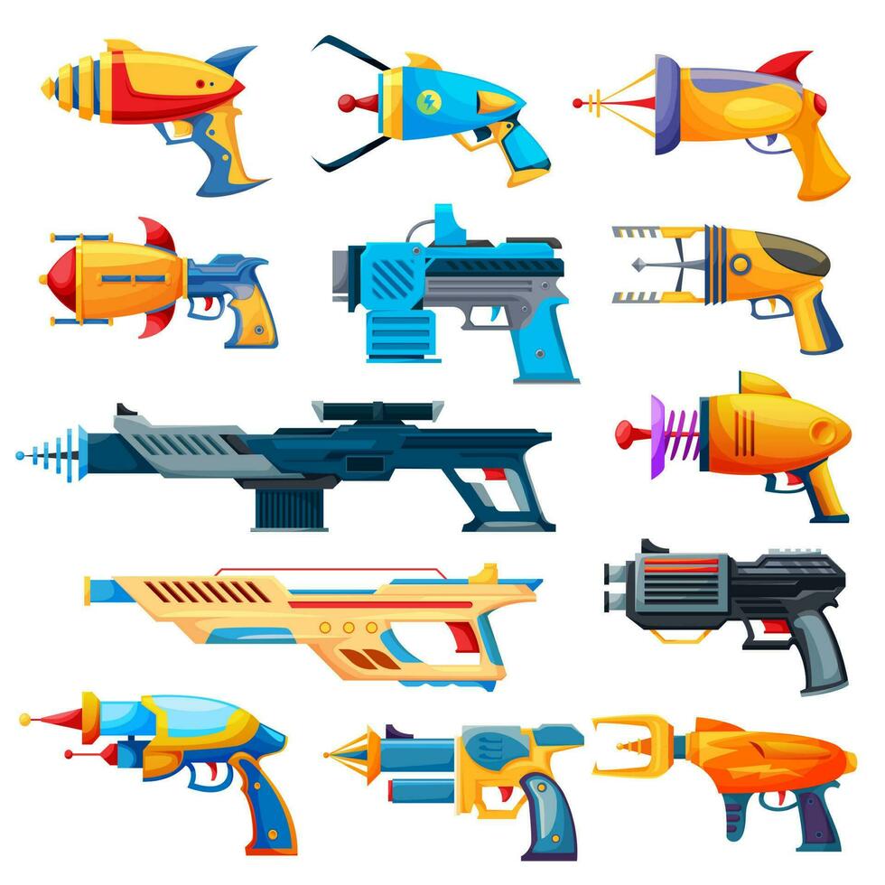 Blaster guns, cartoon vector handguns and rayguns