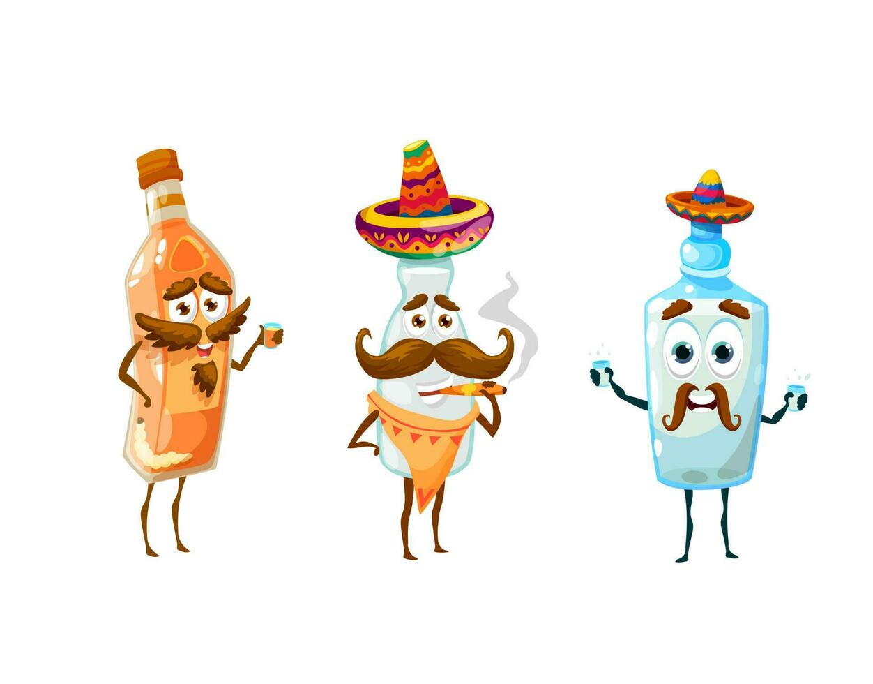 Cartoon Mexican pulque, mezcal, tequila characters vector