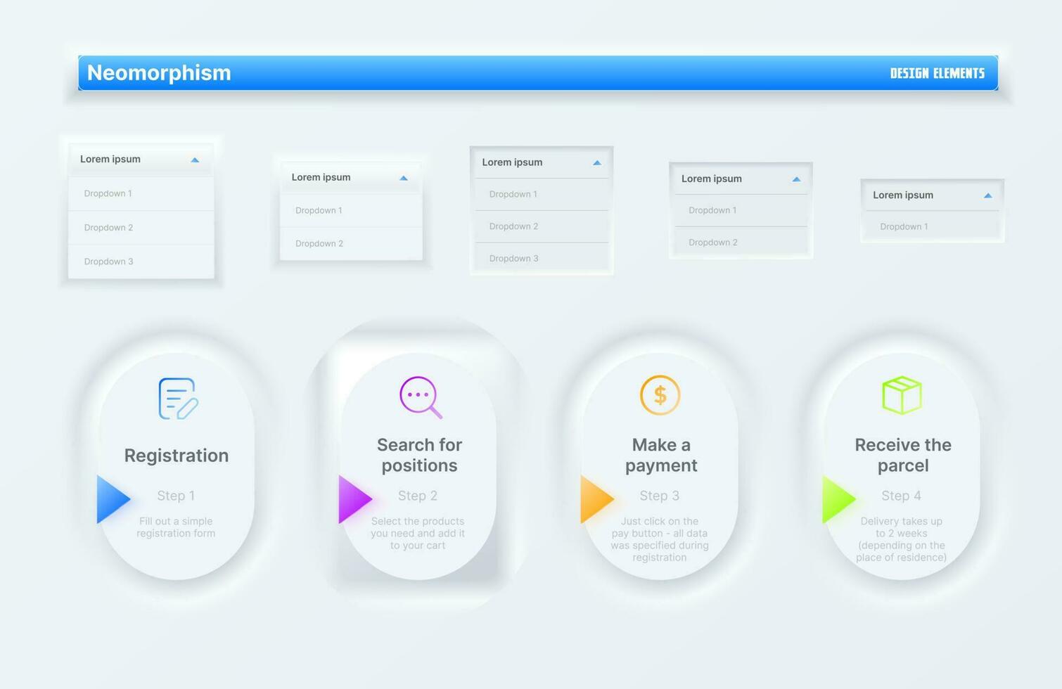 Neomorphic Ui interface buttons, drop-down windows vector