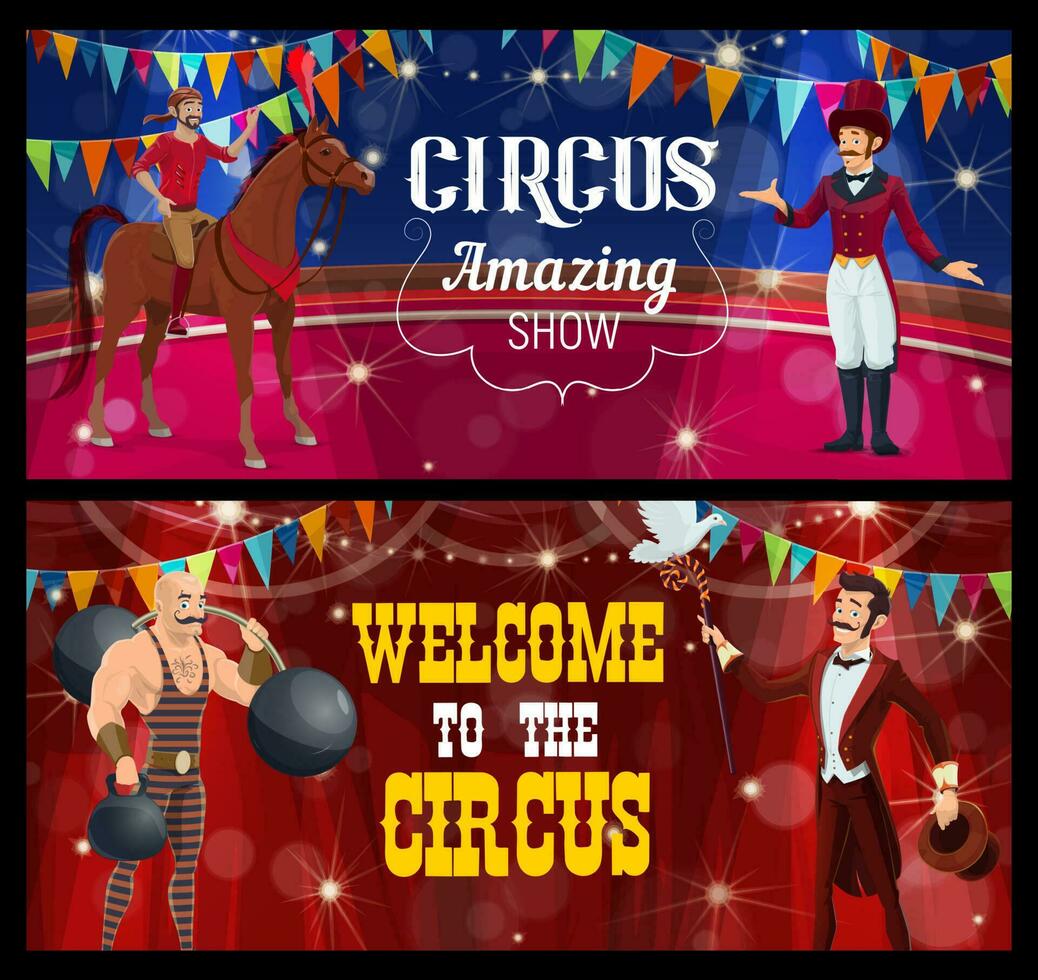 Shapito circus stage, acrobat, magician, strongman vector