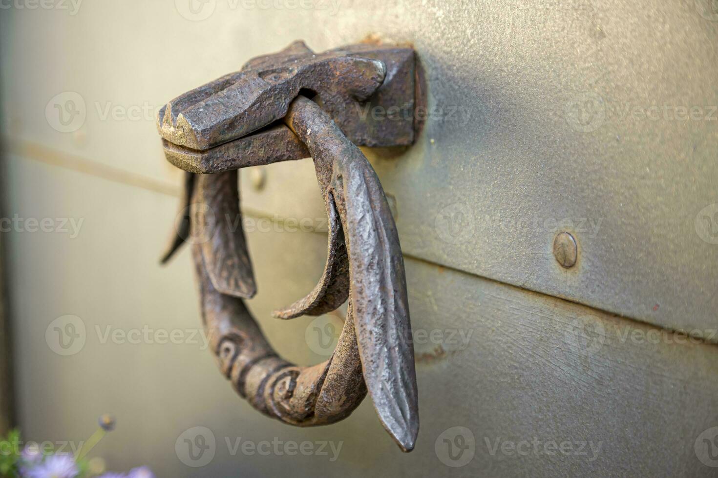 Old door knocker, ancient metal ring handle. Realistic set of rusty doorknobs. photo