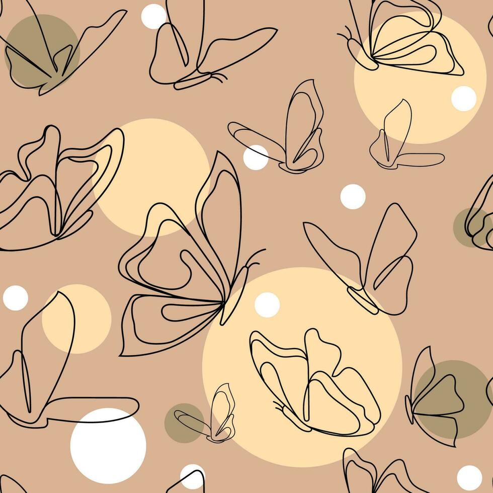 Flying butterflies line drawing on beige background with pastel circles vector illustration for fashion print,textile,paper,backdrop.Each layer is isolated and editable