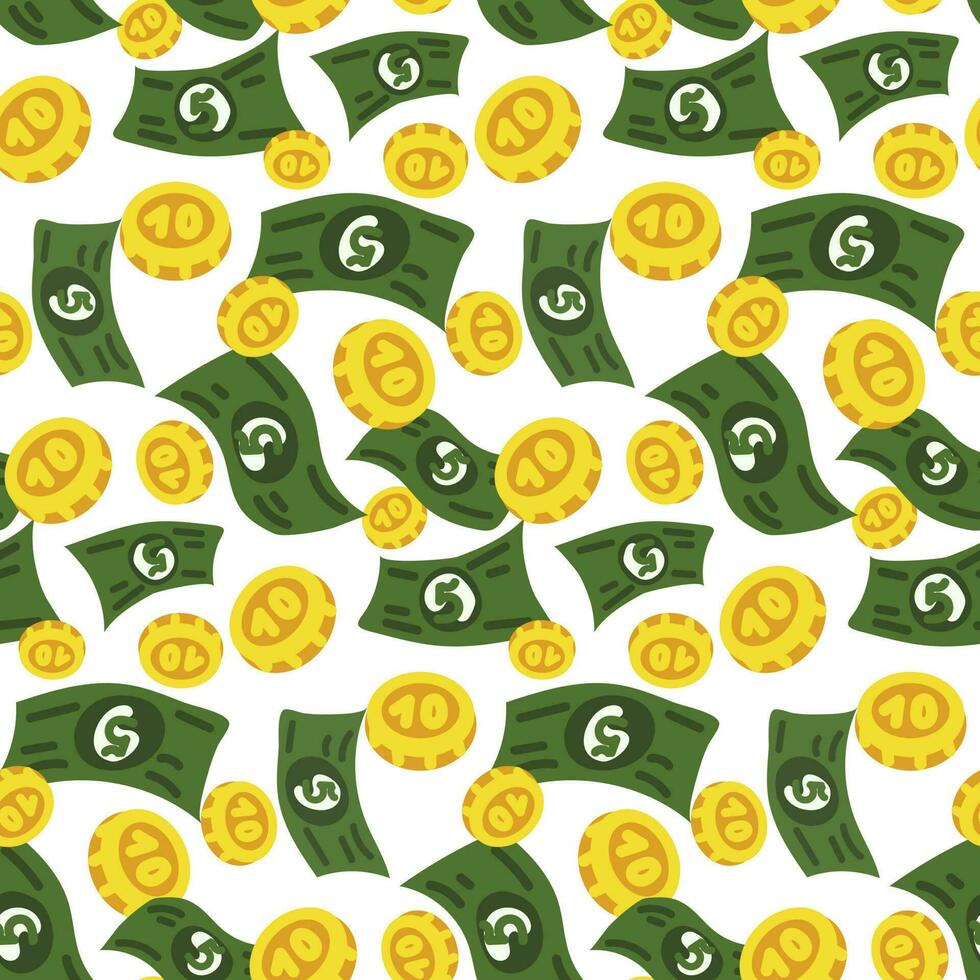 A pattern of cartoon abstract American banknotes and dimes. A rain of green money with five and gold coins falling from above in a flat style on a white background. Printing on textiles and paper vector