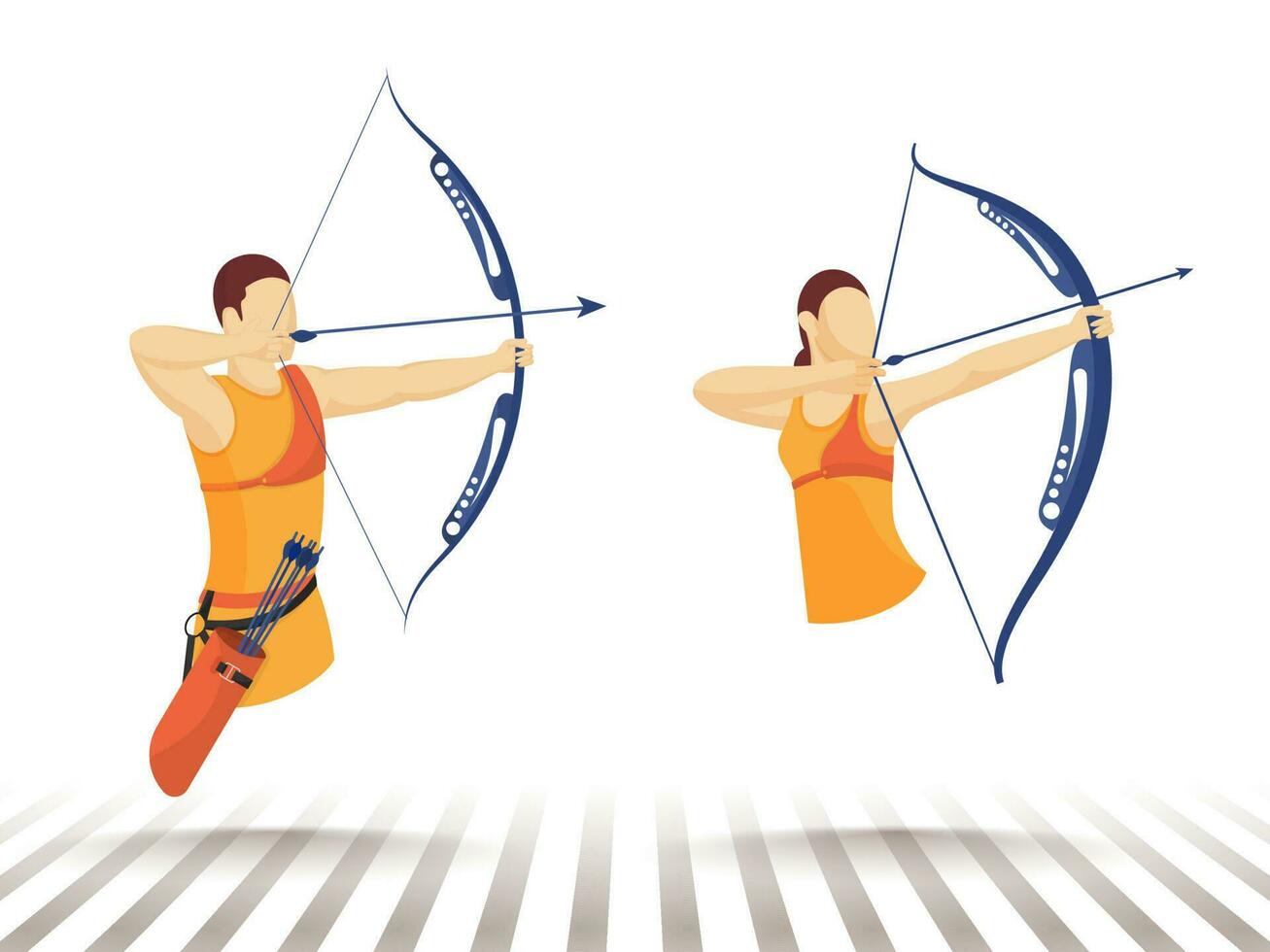 Faceless character of man and woman taking aim from bow arrow with quiver. vector
