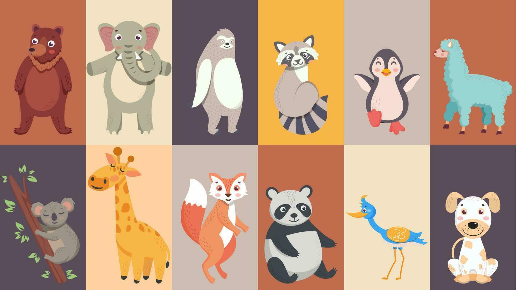 Set of different animal characters on colorful background. vector