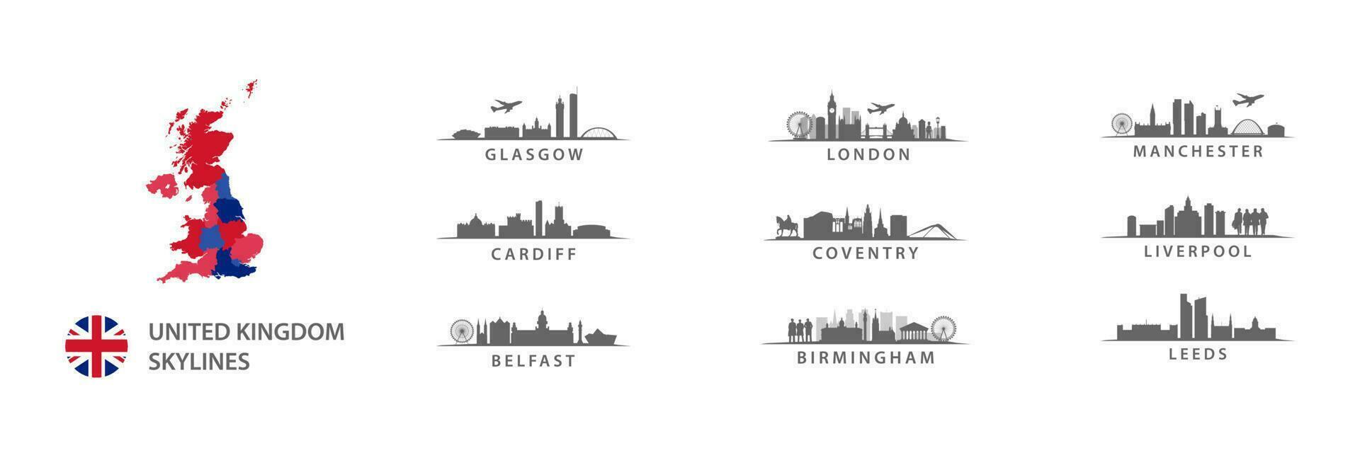 UK Cities Collection, skylines set in vector sihouettes, english destinations like London, Leeds, Coventry, Birmingham, Liverpool, , Belfast, Cardiff, Glasgow