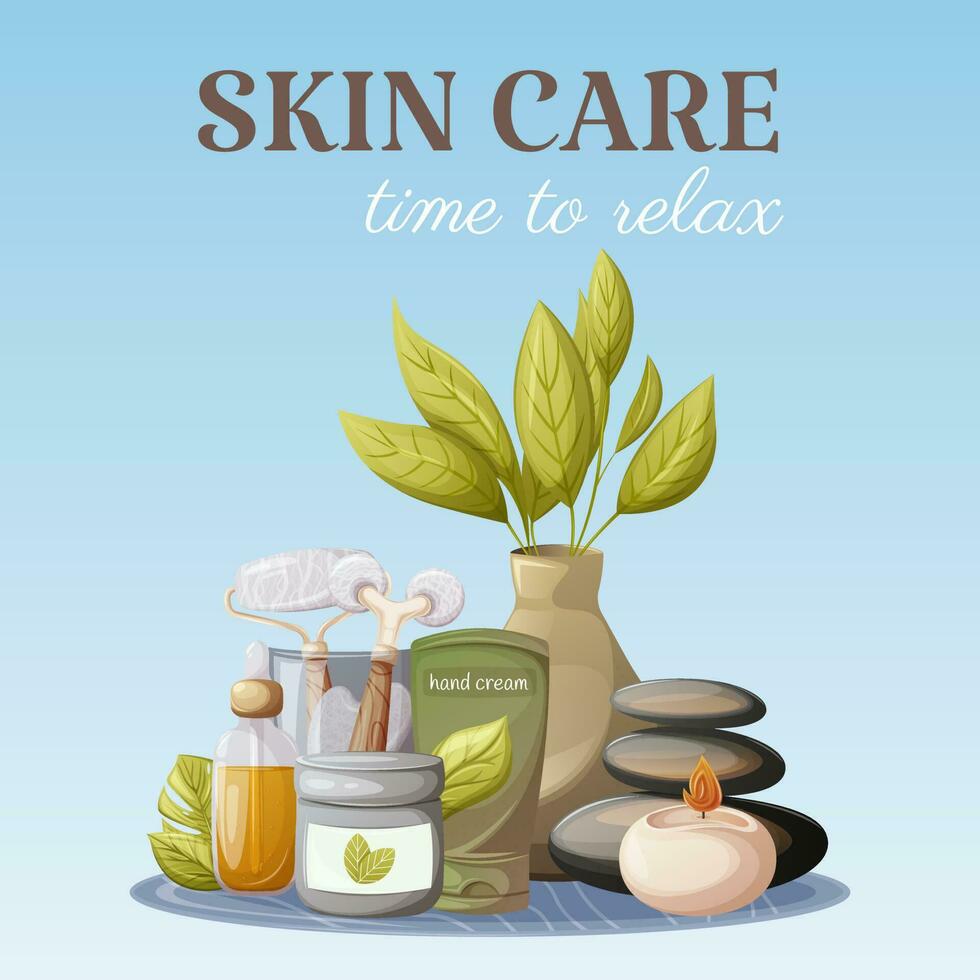 050Accessories for self-care. Cream for body, face and hand, balance of spa stones, glass cup with gua sha tools, oil serum, burning candle. Skin care, time to relax, square card. Vector illustration