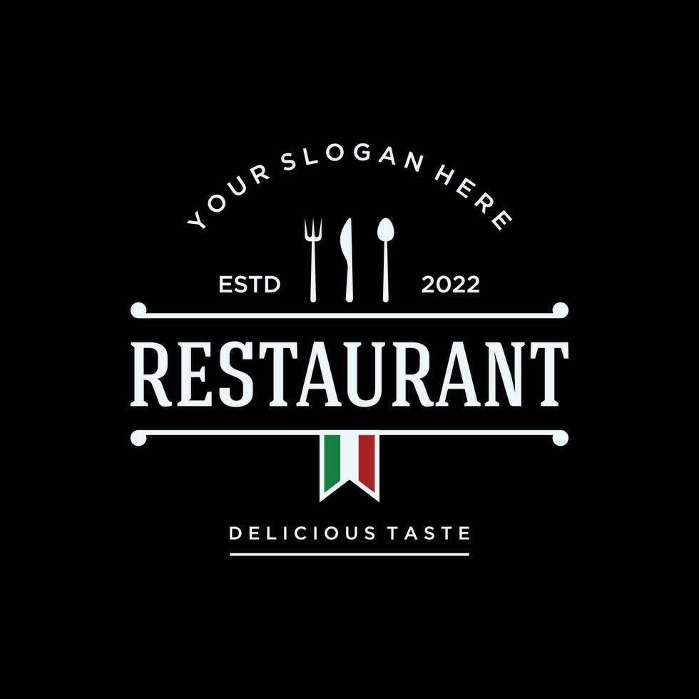 Retro restaurant emblem.Logo design cutlery template and hand drawn vintage style restaurant typography. vector
