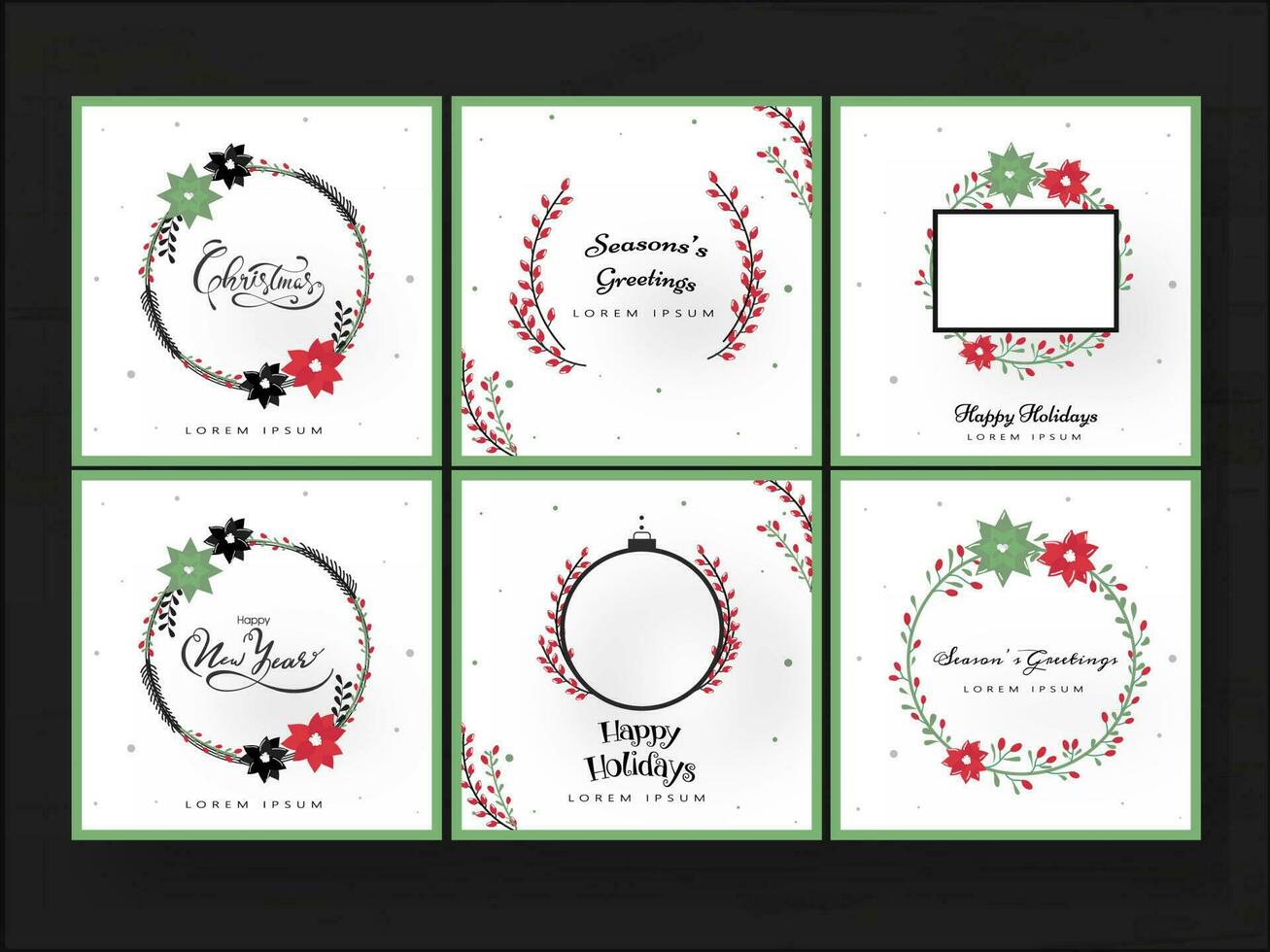 Set of greeting card or poster design with floral frame for Christmas, Season's, Happy Holiday, New Year celebration. vector