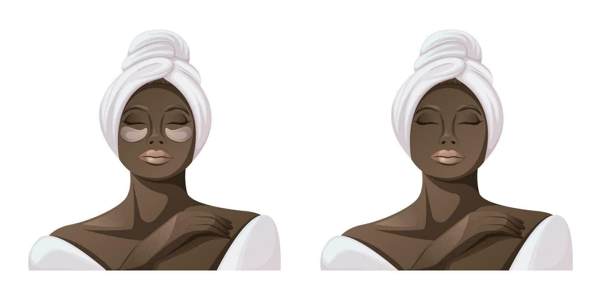 African American woman in white bathrobe and towel.The concept of spa, relaxation, face and body skin care. Eye patches. Health and beauty. Trendy vector illustration