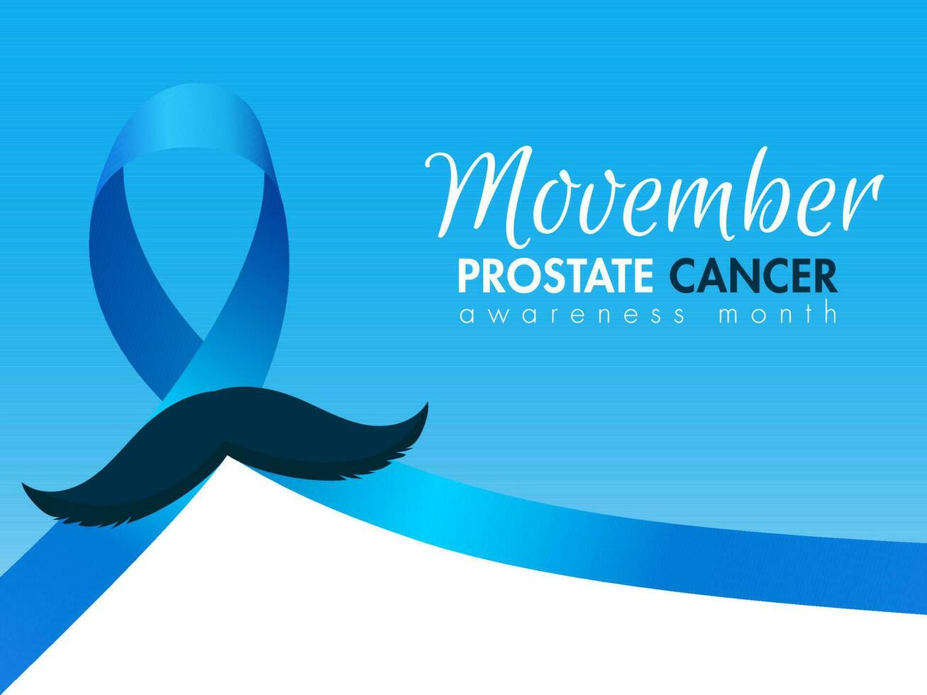Prostate Cancer ribbon with mustache on blue and white background for Movember, Awareness month concept. vector