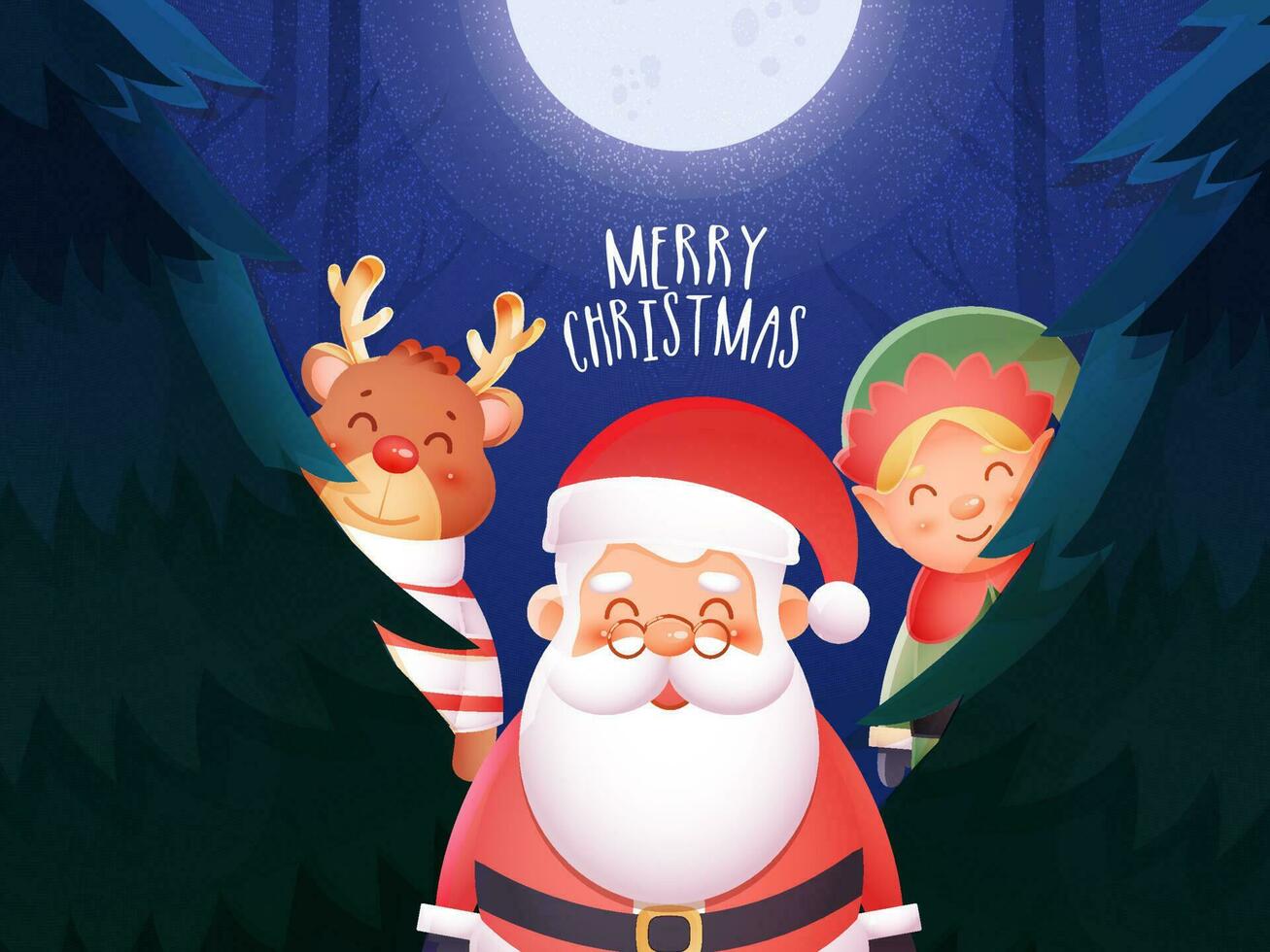 Cute Reindeer with Santa Clause and Jester character Standing on Beautiful Forest Moon Night Blue Background for Merry Christmas poster Design. vector