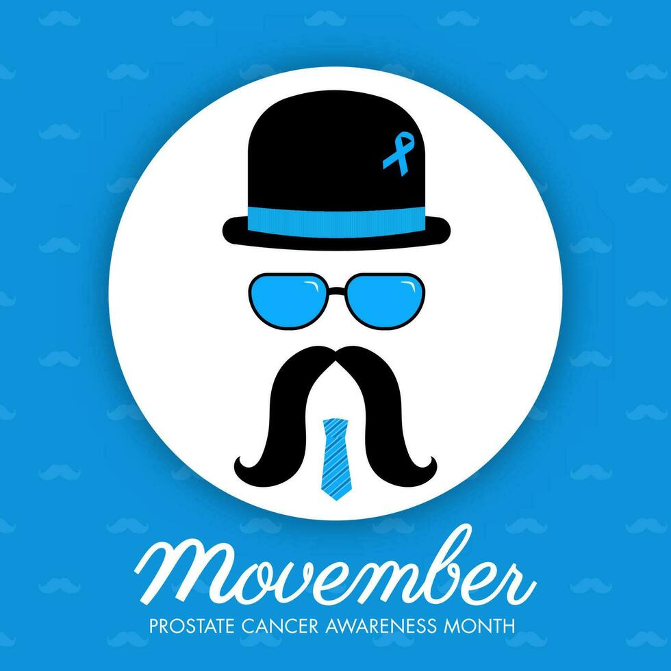 Creative man face made by fedora hat, glasses, mustache and neck tie on blue mustache pattern background for Movember, Prostate Cancer Awareness Month concept. vector