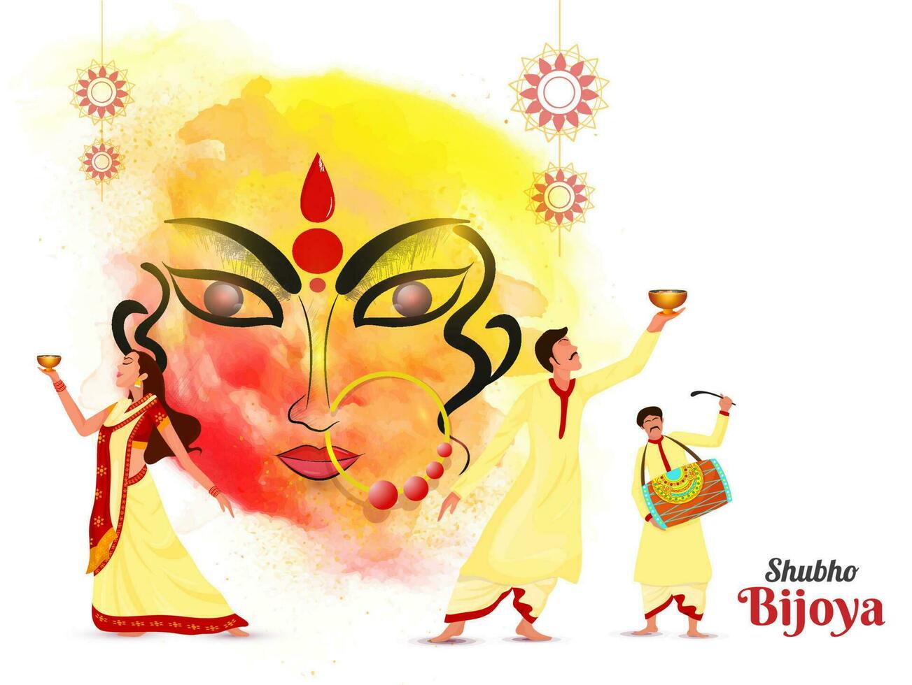 Festival celebration banner or poster design with Creative Hindu Goddess Durga Face and dancing Bengali people character on the occasion of Shubho Bijoya. vector