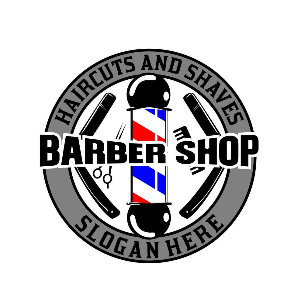 Barber shop vector label,with scissors comb emblem on white background. Vector illustration
