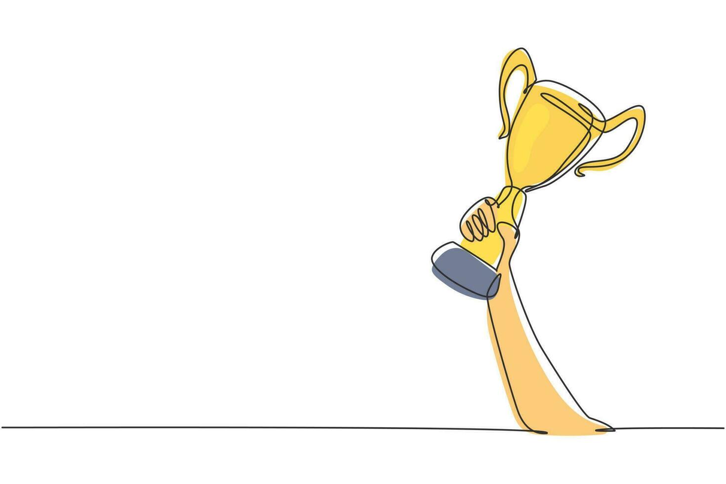 Single continuous line drawing gold trophy held by one hand. Symbol of winning championships, matches and sports competitions. Best achievement ever. One line draw graphic design vector illustration