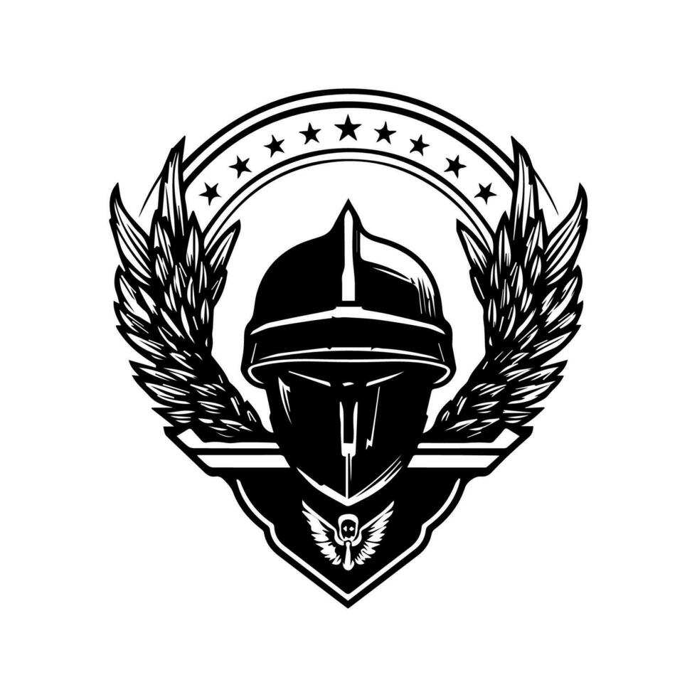 A military helmet logo emblem, hand-drawn for a unique and authentic touch. Perfect for military-themed designs and illustrations vector