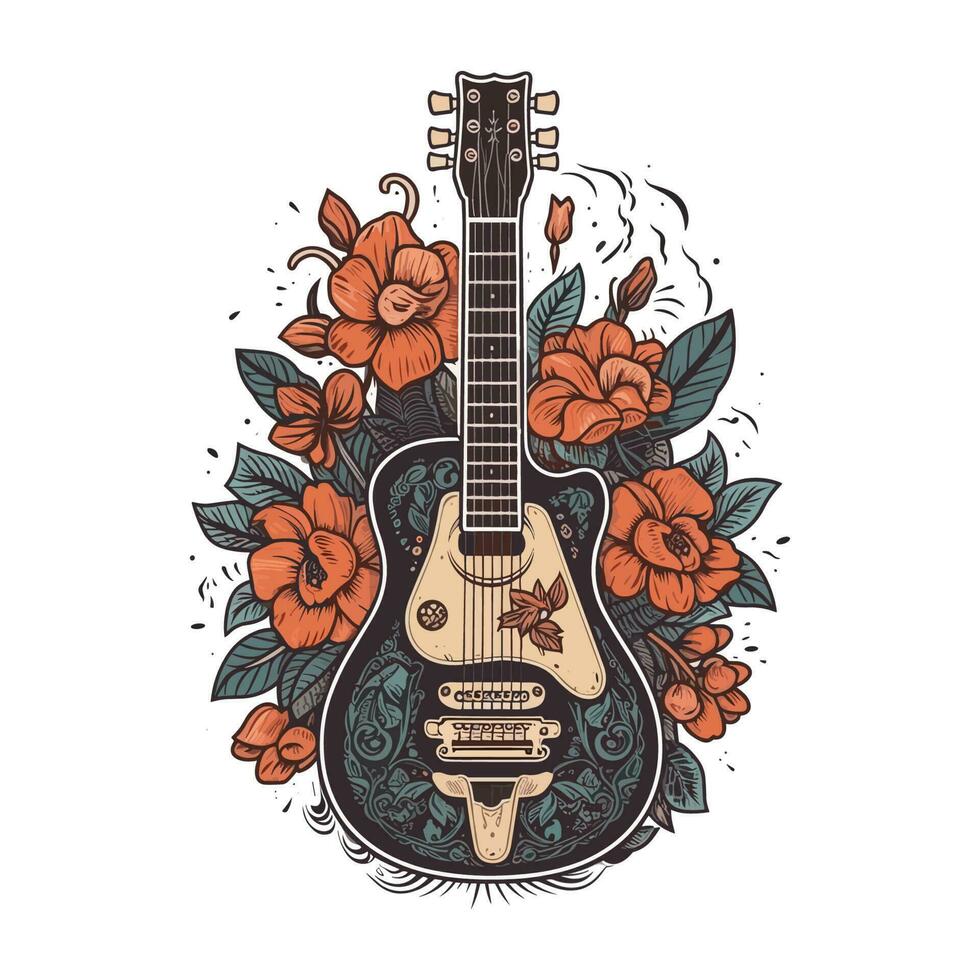 un hermosa guitarra adornado con flores en esta maravilloso ilustración Perfecto para música o relacionado con las flores negocios vector