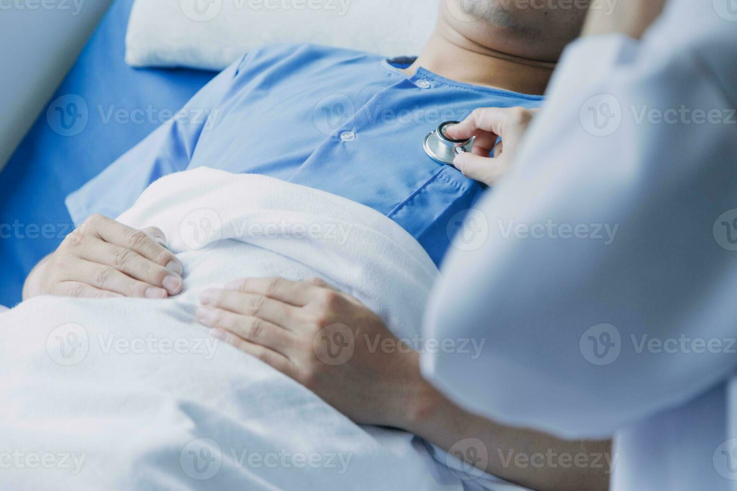 Doctor telling to patient woman the results of her medical tests. Doctor showing medical records to cancer patient in hospital ward. Senior doctor explaint the side effects of the intervention. photo