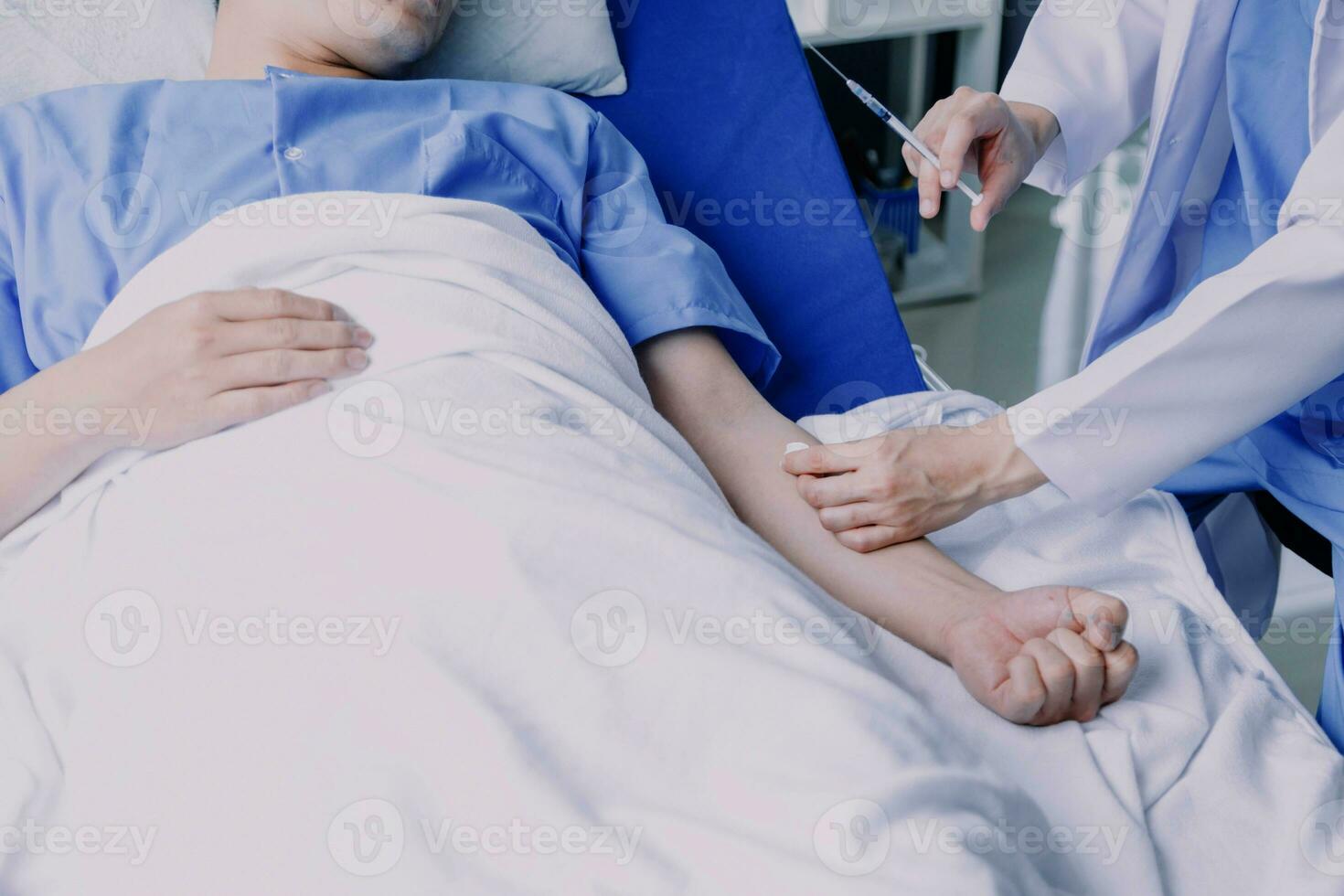 Doctor telling to patient woman the results of her medical tests. Doctor showing medical records to cancer patient in hospital ward. Senior doctor explaint the side effects of the intervention. photo