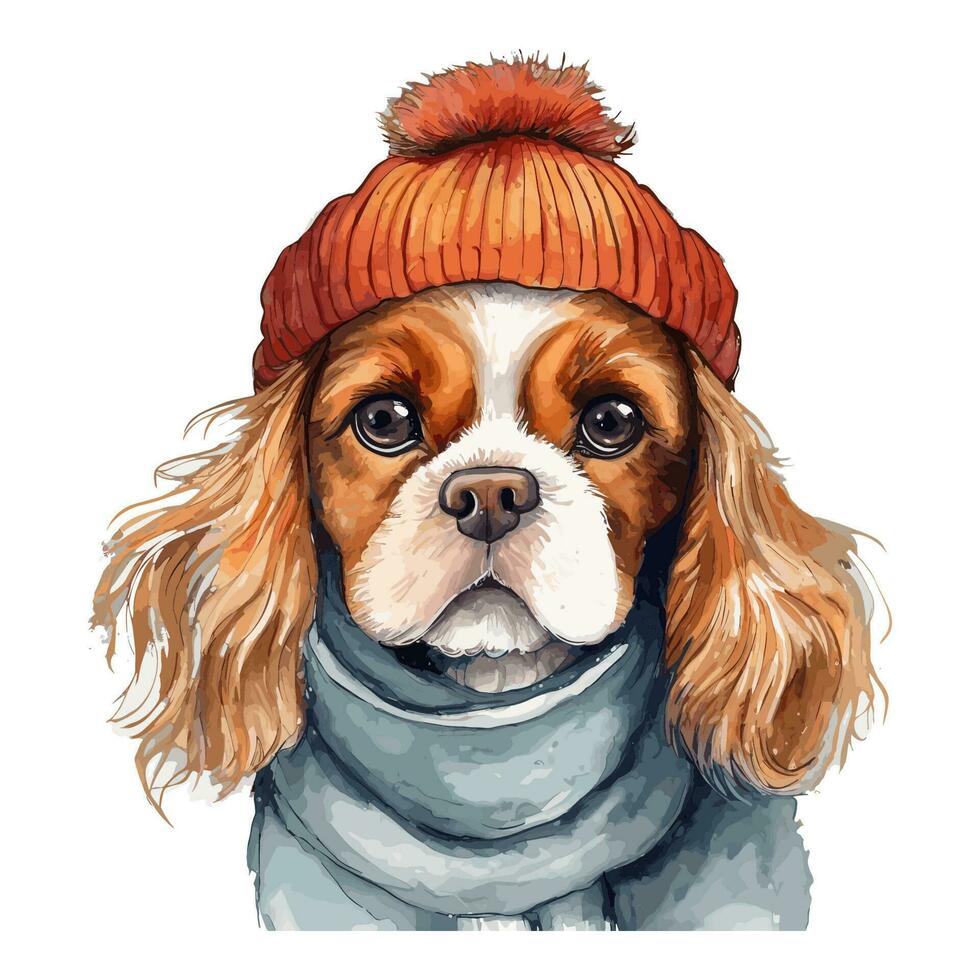 Watercolor Cavalier King Charles Spaniel Puppy With Cotton Hat, and Scarf vector