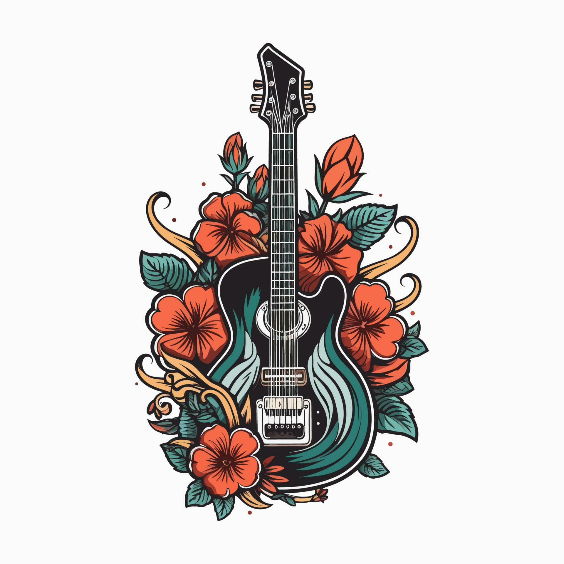 A beautiful guitar adorned with flowers in this stunning illustration