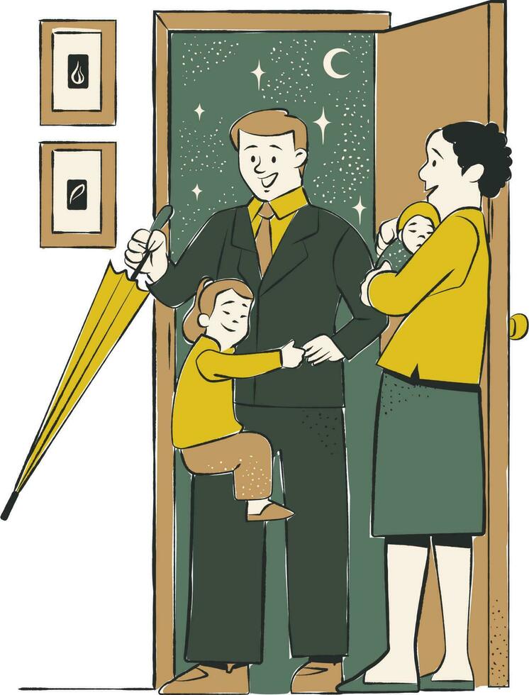 Father and son standing in front of the door. Vector illustration.