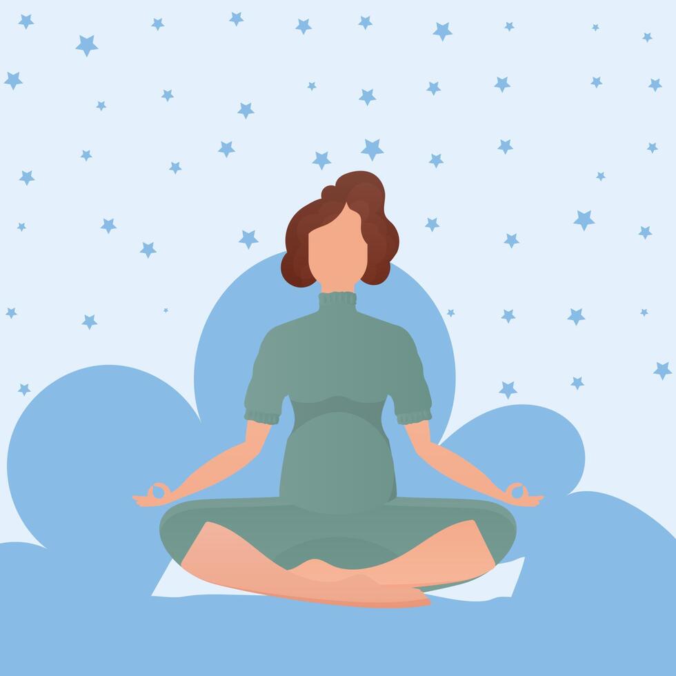 A woman sits in the lotus position. The concept of calm and tranquility. Cartoon style. vector