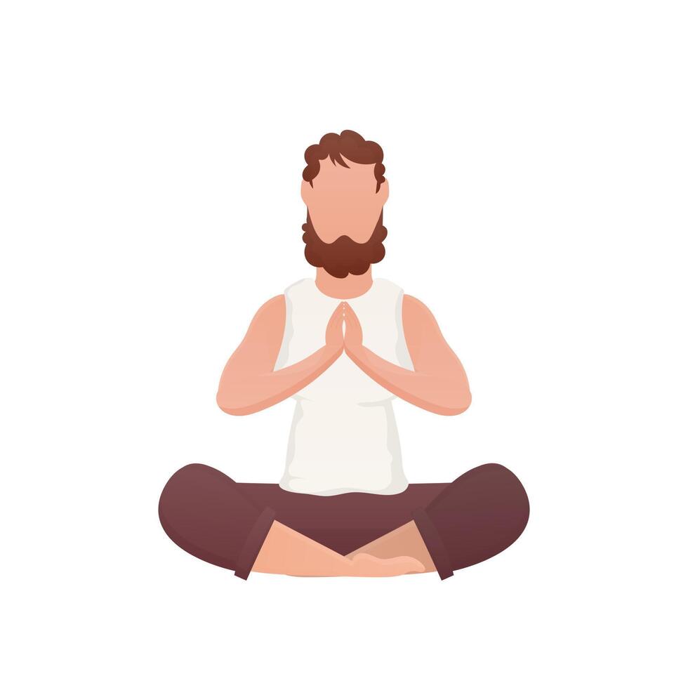 A well-built man sits and meditates in the lotus position. Isolated. Cartoon style. vector