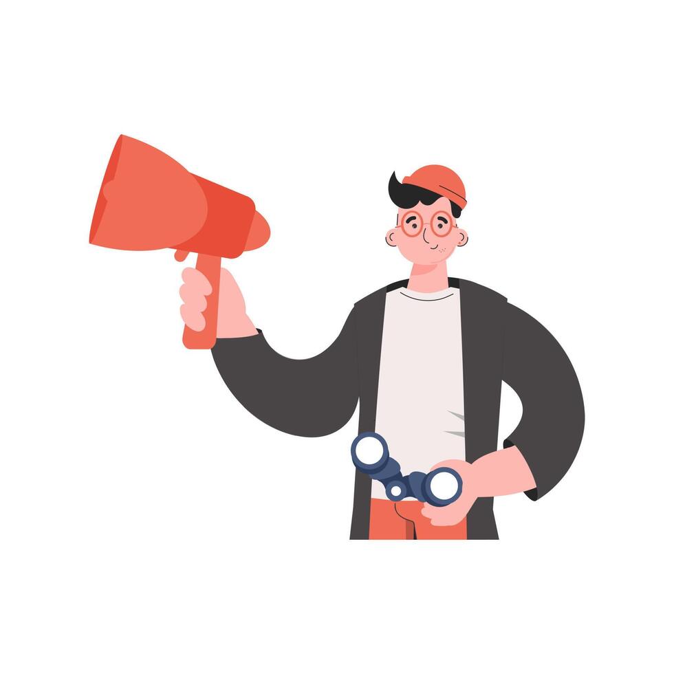 A man stands waist-deep with binoculars. Isolated. Element for presentations, sites. vector
