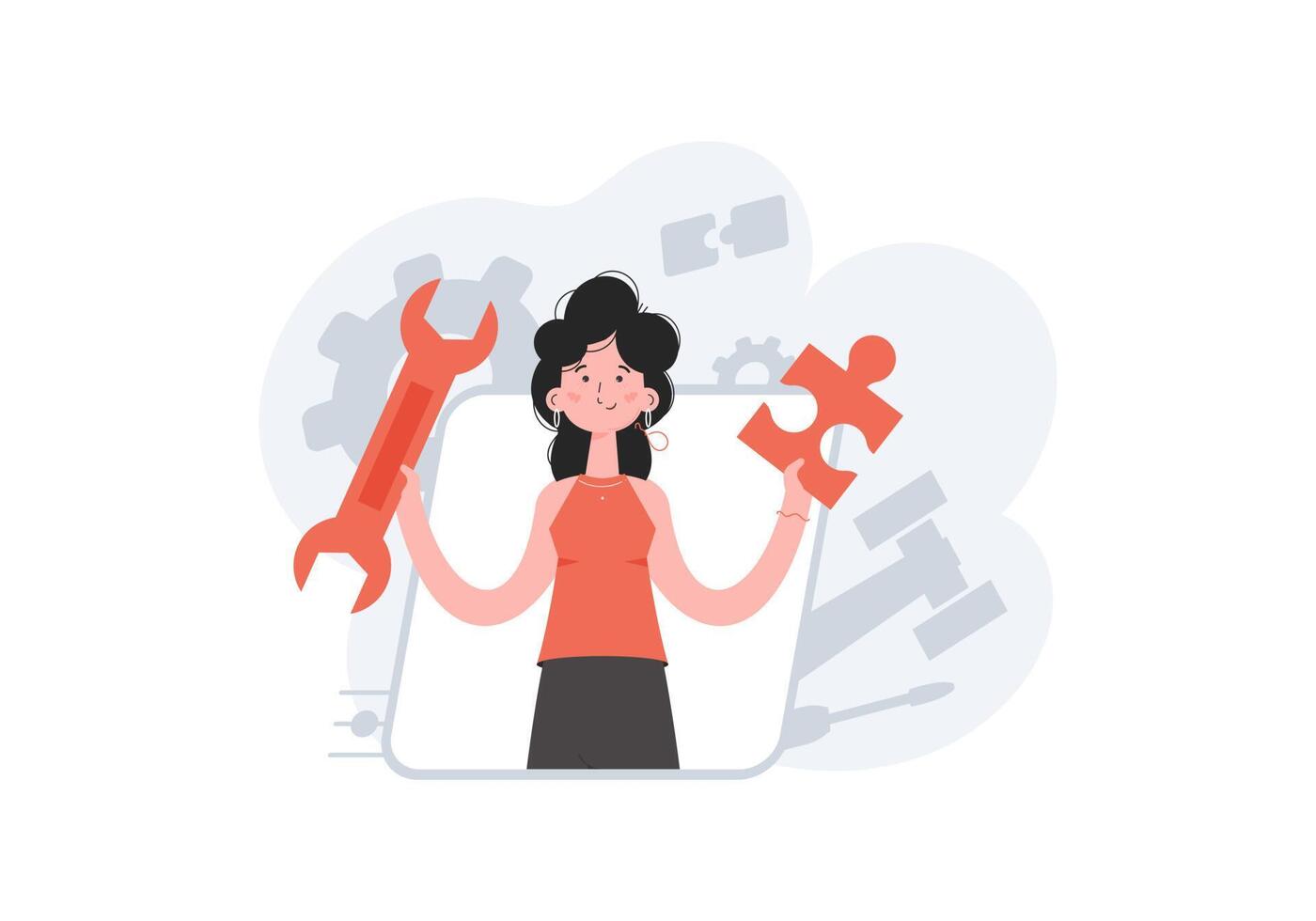 A woman stands waist-deep and holds a wrench in her hands. Tech support. Element for presentations, sites. vector