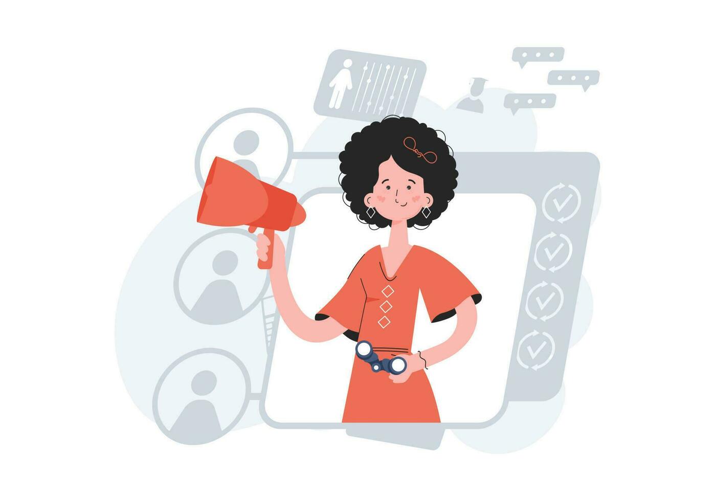 A woman stands waist-deep with binoculars. HR concept. Element for presentations, sites. vector