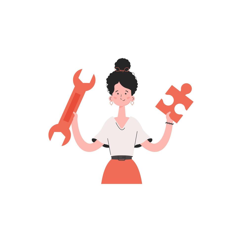 A woman stands waist-deep with a puzzle in her hands. Isolated. Element for presentations, sites. vector
