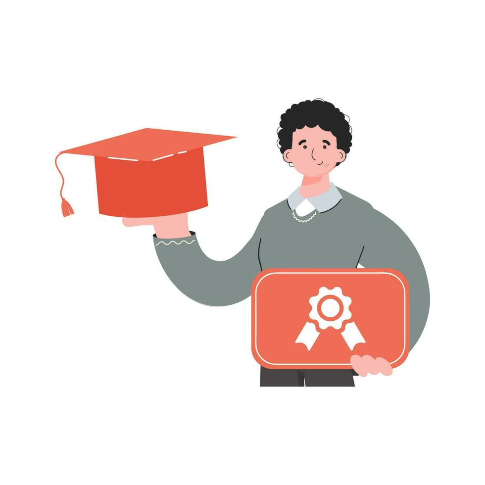 The guy stands waist-deep and holds a graduation cap and a diploma. Isolated. Element for presentations, sites. vector