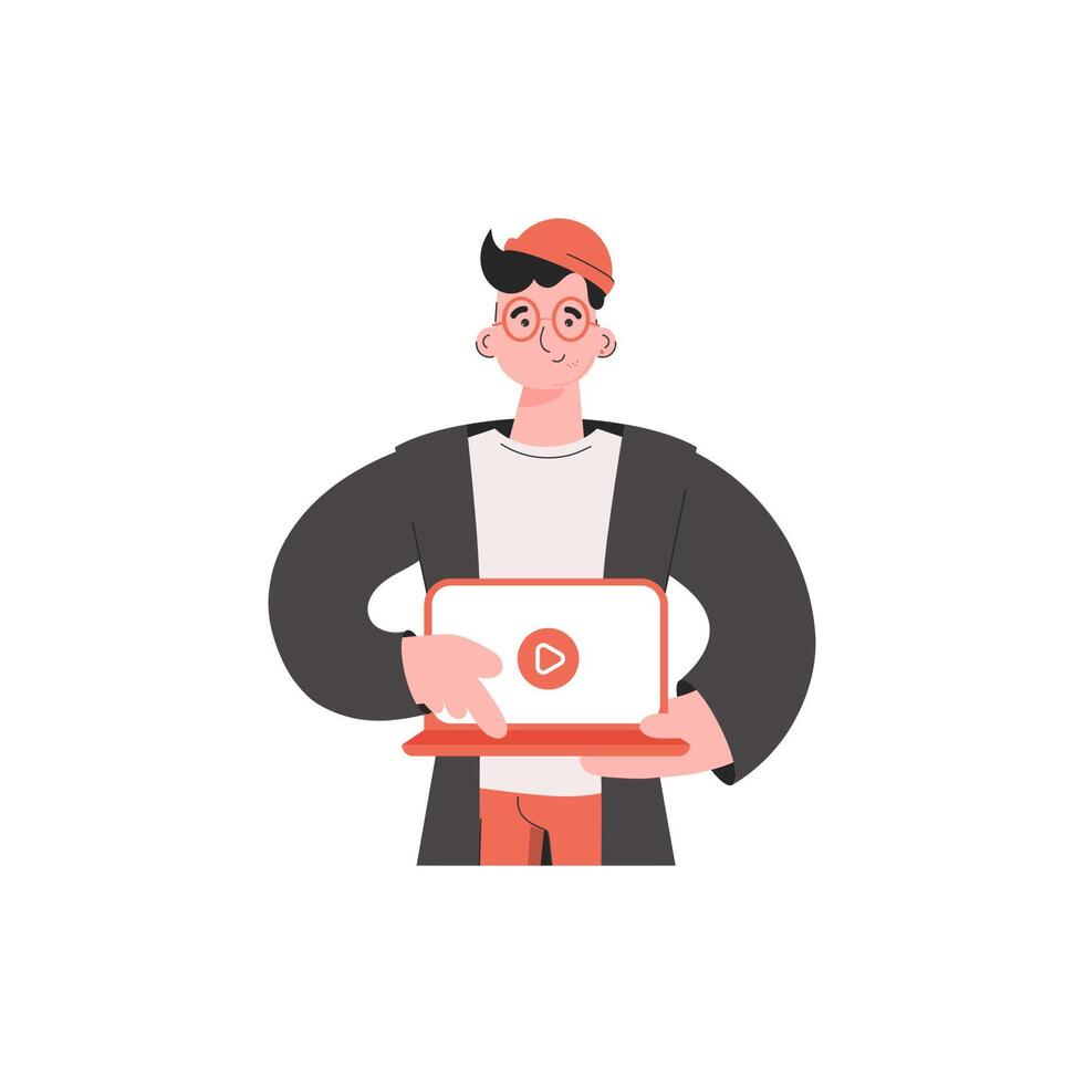 A man is waist-deep holding a computer in his hands. Isolated. Element for presentations, sites. vector