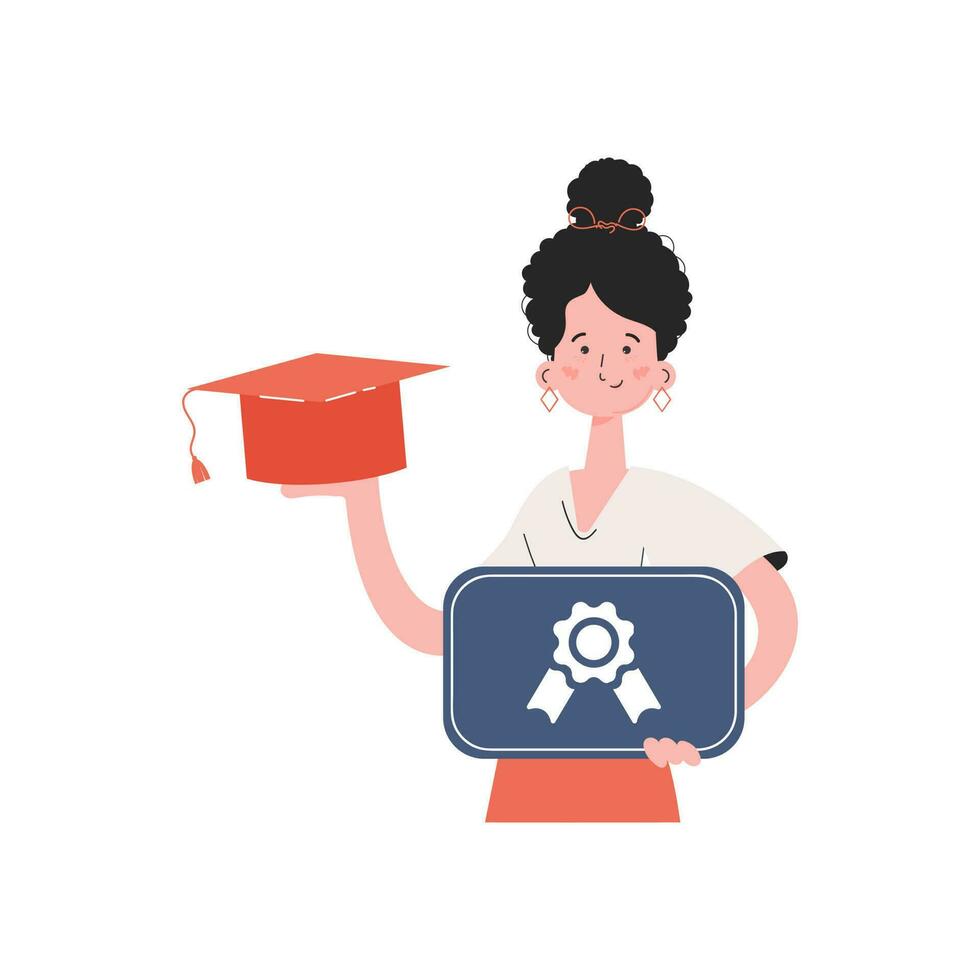 The girl stands waist-deep and holds a graduation cap. Isolated.. Element for presentations, sites. vector