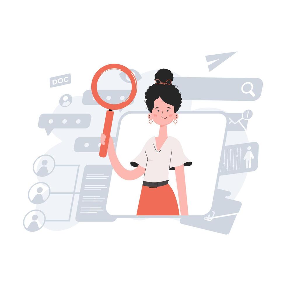 A woman stands waist-deep and holds a magnifying glass in her hands. Human resources. Element for presentations, sites. vector