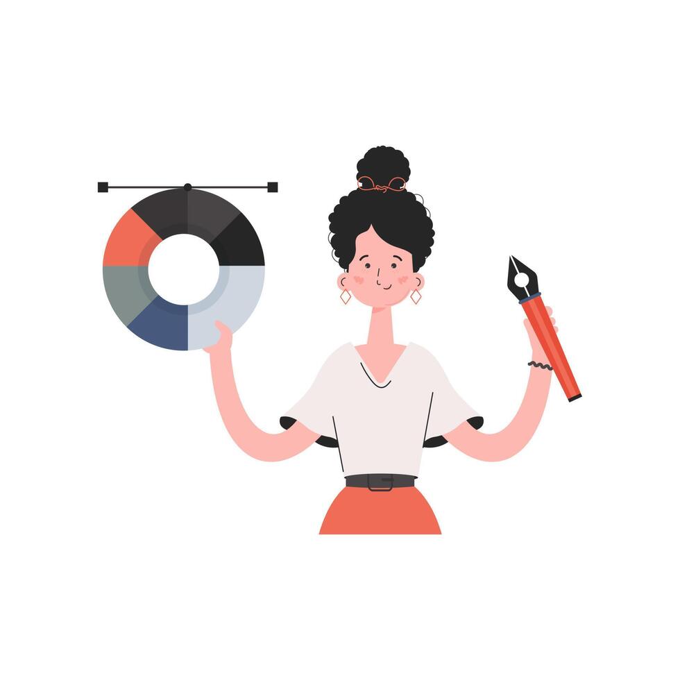 A woman stands waist-deep and holds a color palette in her hands. Isolated. Element for presentations, sites. vector