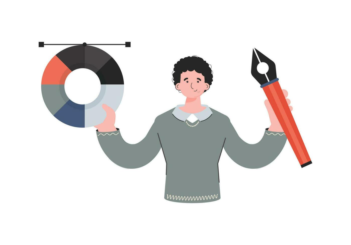A man stands waist-deep with a color wheel and a pen tool. Isolated. Element for presentations, sites. vector