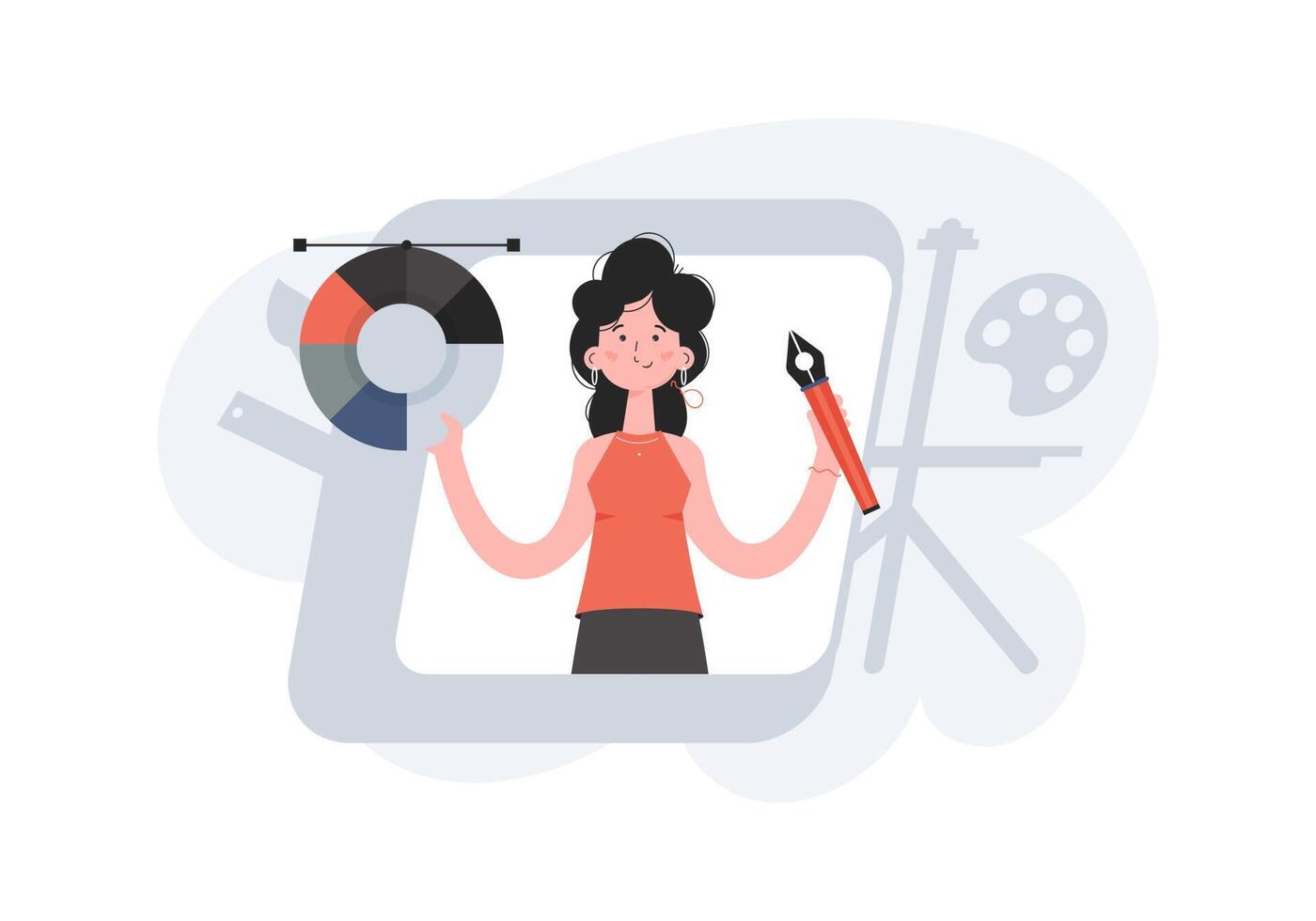 A woman stands waist-deep with a pen tool and a color palette in her hands. Creation. Element for presentations, sites. vector