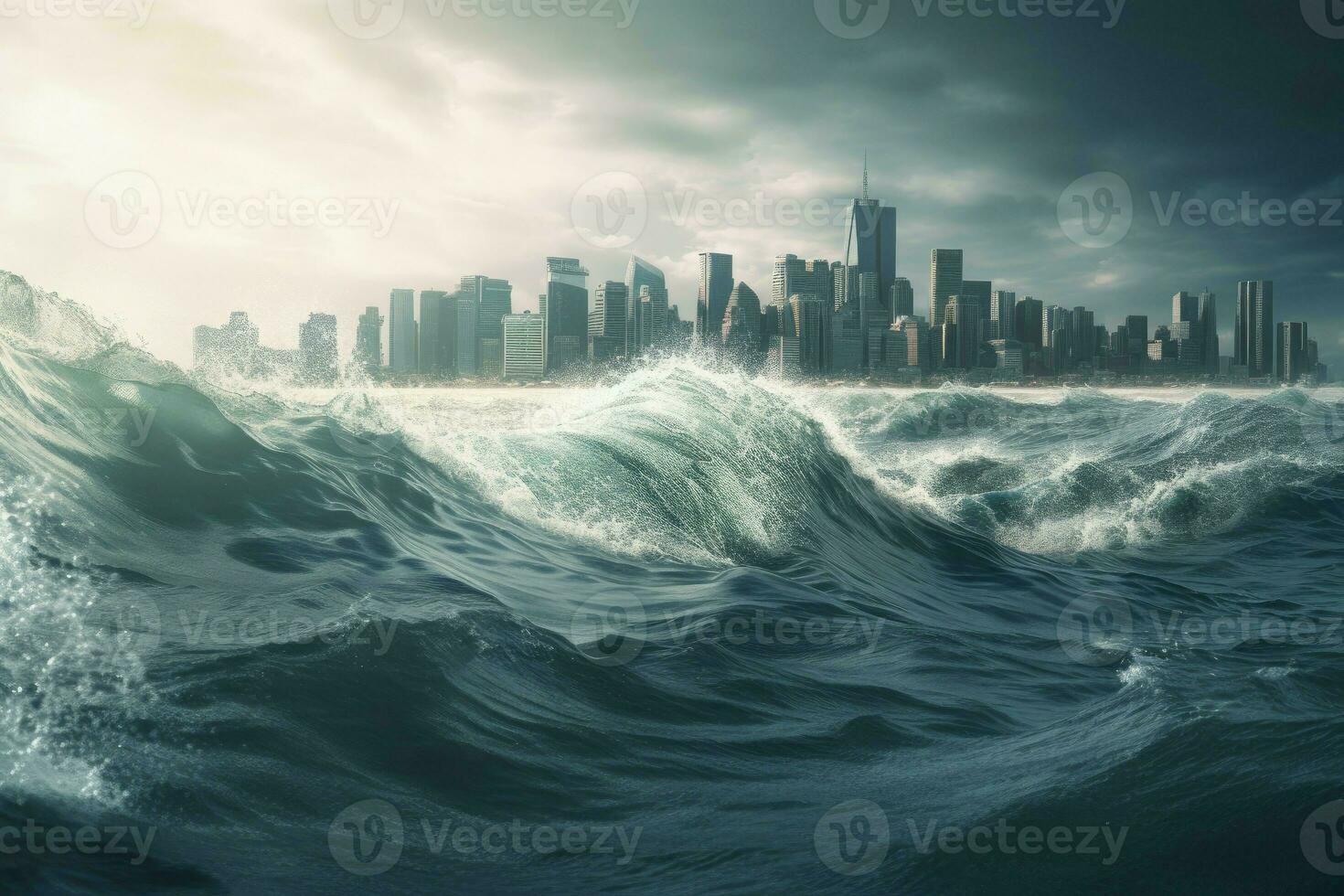 Big wave going city. Generate Ai photo