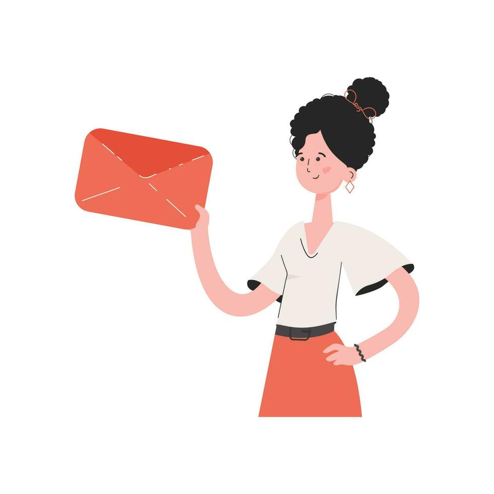 A woman stands waist-deep and holds an envelope in her hands. Isolated. Element for presentations, sites. vector