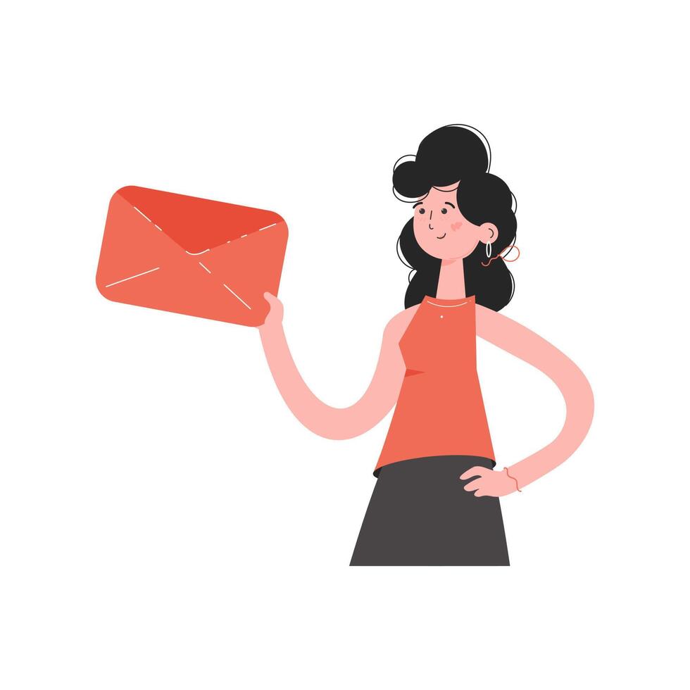 A woman stands waist-deep and holds an envelope with a letter. Isolated. Element for presentations, sites. vector