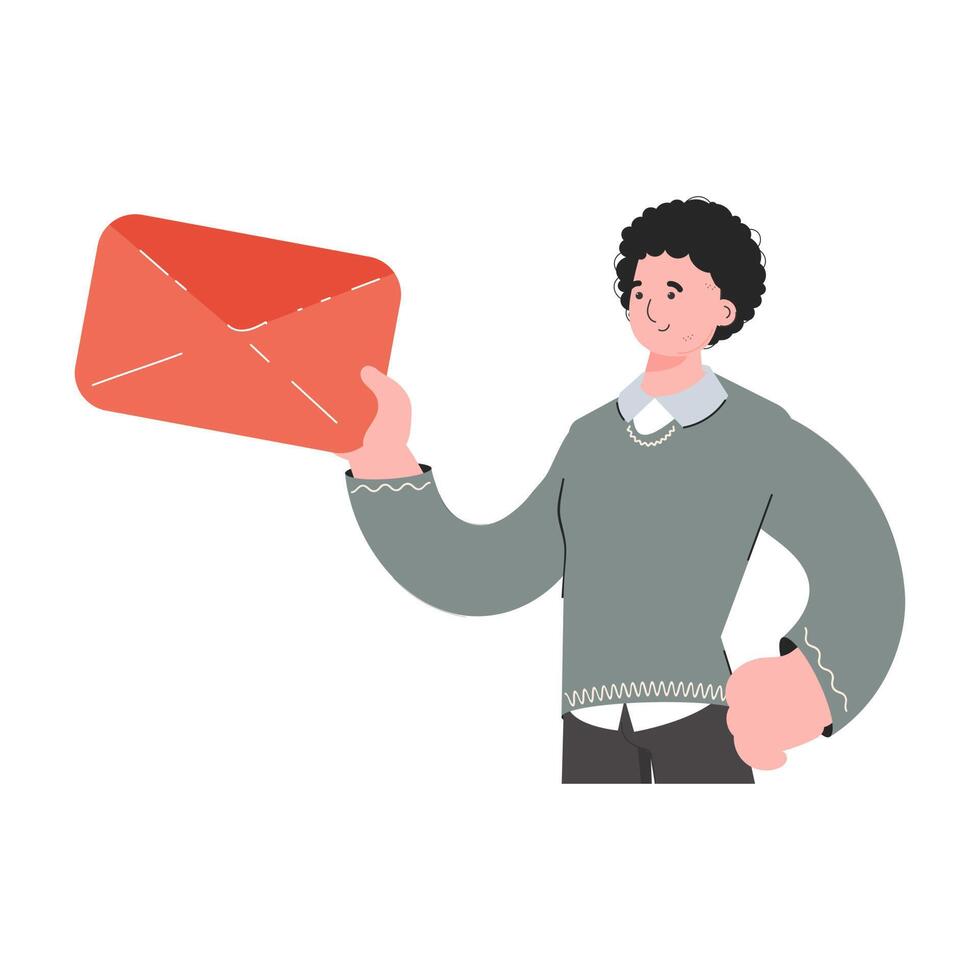 A man stands waist-deep and holds an envelope in his hands. Isolated. Element for presentations, sites. vector